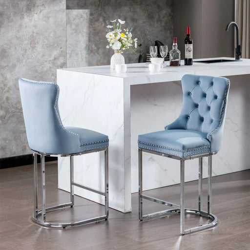 26' Counter Height Bar Stools Set of 2, Modern Velvet Barstools with Button Back&Rivet Trim Upholstered Kitchen Island Chairs with Sturdy Chromed Metal Base Legs Farmhouse Bar Stools,Light Blue,2 Pack Default -DTYStore