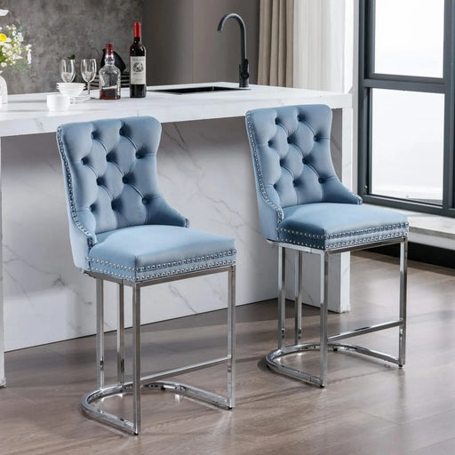 26' Counter Height Bar Stools Set of 2, Modern Velvet Barstools with Button Back&Rivet Trim Upholstered Kitchen Island Chairs with Sturdy Chromed Metal Base Legs Farmhouse Bar Stools,Light Blue,2 Pack Default -DTYStore