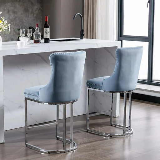 26' Counter Height Bar Stools Set of 2, Modern Velvet Barstools with Button Back&Rivet Trim Upholstered Kitchen Island Chairs with Sturdy Chromed Metal Base Legs Farmhouse Bar Stools,Light Blue,2 Pack Default -DTYStore
