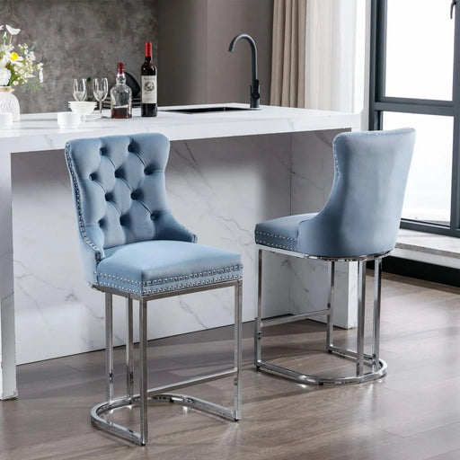 26' Counter Height Bar Stools Set of 2, Modern Velvet Barstools with Button Back&Rivet Trim Upholstered Kitchen Island Chairs with Sturdy Chromed Metal Base Legs Farmhouse Bar Stools,Light Blue,2 Pack Default -DTYStore