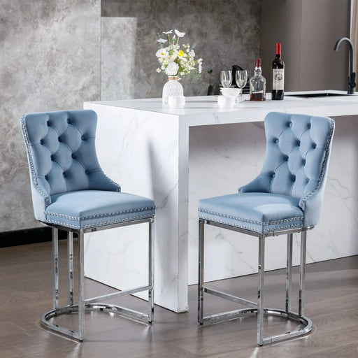26' Counter Height Bar Stools Set of 2, Modern Velvet Barstools with Button Back&Rivet Trim Upholstered Kitchen Island Chairs with Sturdy Chromed Metal Base Legs Farmhouse Bar Stools,Light Blue,2 Pack Default -DTYStore