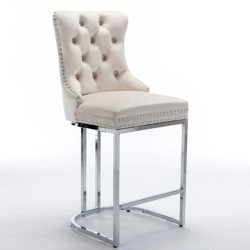 26' Counter Height Bar Stools Set of 2, Modern Velvet Barstools with Button Back&Rivet Trim Upholstered Kitchen Island Chairs with Sturdy Chromed Metal Base Legs Farmhouse Bar Stools, (Beige,2 Pack) Default -DTYStore