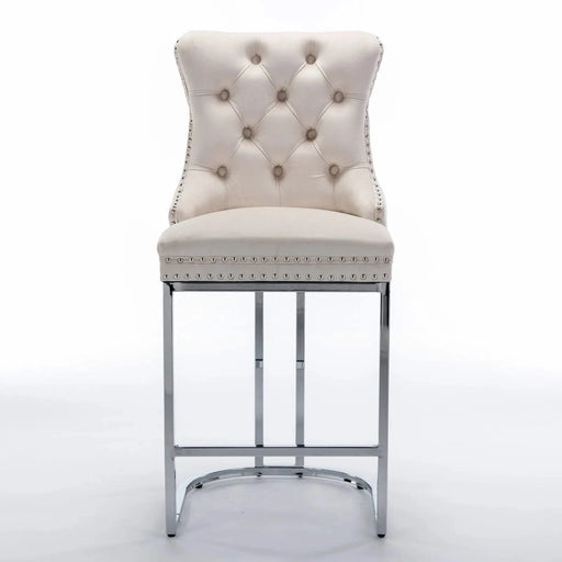 26' Counter Height Bar Stools Set of 2, Modern Velvet Barstools with Button Back&Rivet Trim Upholstered Kitchen Island Chairs with Sturdy Chromed Metal Base Legs Farmhouse Bar Stools, (Beige,2 Pack) Default -DTYStore