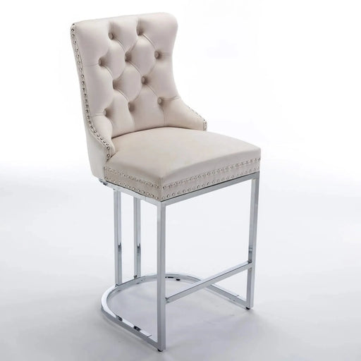 26' Counter Height Bar Stools Set of 2, Modern Velvet Barstools with Button Back&Rivet Trim Upholstered Kitchen Island Chairs with Sturdy Chromed Metal Base Legs Farmhouse Bar Stools, (Beige,2 Pack) Default -DTYStore