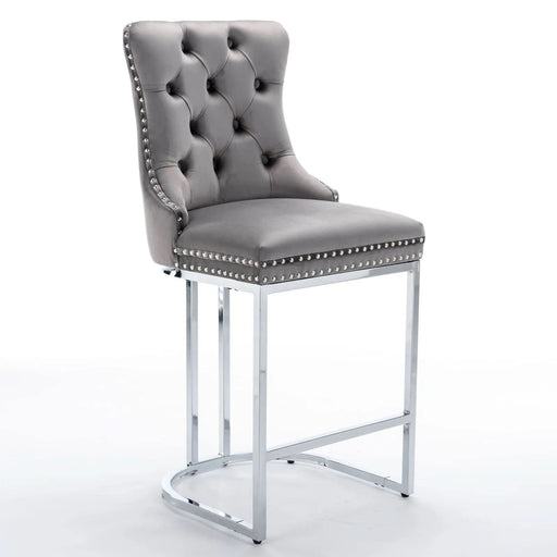 26' Counter Height Bar Stools Set of 2, Modern Velvet Barstools with Button Back&Rivet Trim Upholstered Kitchen Island Chairs with Sturdy Chromed Metal Base Legs Farmhouse Bar Stools, (Gray,2 Pack) Default -DTYStore