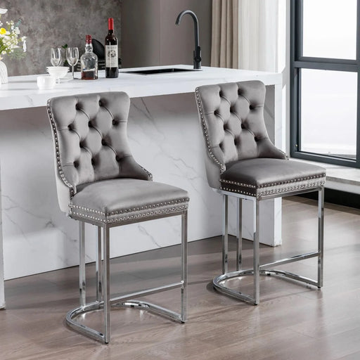 26' Counter Height Bar Stools Set of 2, Modern Velvet Barstools with Button Back&Rivet Trim Upholstered Kitchen Island Chairs with Sturdy Chromed Metal Base Legs Farmhouse Bar Stools, (Gray,2 Pack) Default -DTYStore