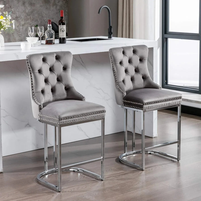 26' Counter Height Bar Stools Set of 2, Modern Velvet Barstools with Button Back&Rivet Trim Upholstered Kitchen Island Chairs with Sturdy Chromed Metal Base Legs Farmhouse Bar Stools, (Gray,2 Pack) Default -DTYStore