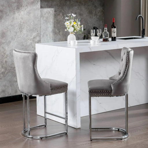 26' Counter Height Bar Stools Set of 2, Modern Velvet Barstools with Button Back&Rivet Trim Upholstered Kitchen Island Chairs with Sturdy Chromed Metal Base Legs Farmhouse Bar Stools, (Gray,2 Pack) Default -DTYStore