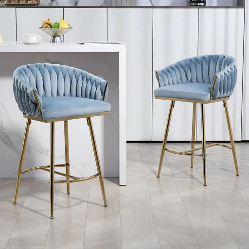 26'' Counter height bar stools Set of 2 kitchen island counter bar stool with hand- wave back, golden chromed base and footrest(BLUE) Default -DTYStore