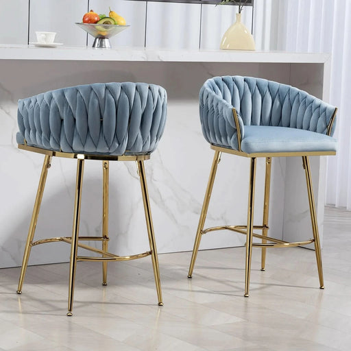 26'' Counter height bar stools Set of 2 kitchen island counter bar stool with hand- wave back, golden chromed base and footrest(BLUE) Default -DTYStore