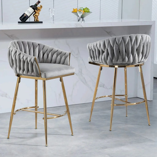 26'' Counter height bar stools Set of 2,velvet kitchen island counter bar stool with hand- wave back,golden chromed base and foot rest(GREY) Default -DTYStore