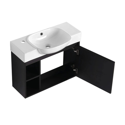 26'' Wall-Mounted Bathroom Vanity with White Ceramic Sink & Soft-Close Door, Dark Oak, KD-Packing Default -DTYStore