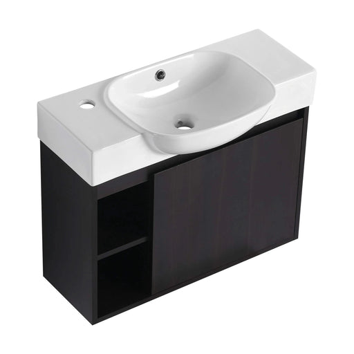 26'' Wall-Mounted Bathroom Vanity with White Ceramic Sink & Soft-Close Door, Dark Oak, KD-Packing Default -DTYStore