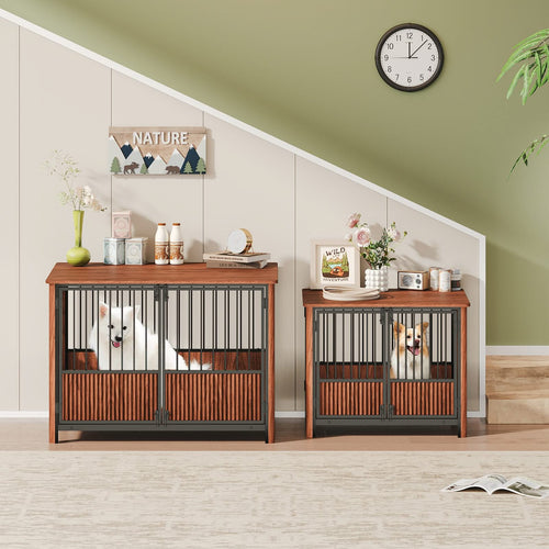 31.5'' Walnut Fluted Wood Furniture Style Dog Crate for small & Medium Dogs - Double Door Design, Decorative Pet House & Indoor Side End Table. - Image 4