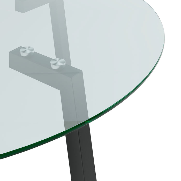 Modern simple table with a glass round table and four chairs. Transparent tempered glass countertop, black metal legs, suitable for kitchen living room dining room (set of 5)