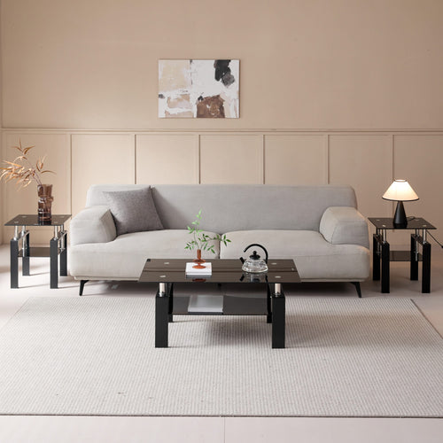 Modern Tempered Black Glass Coffee Table with 2-Layers and Waterfall Edges for Living Room - Image 5