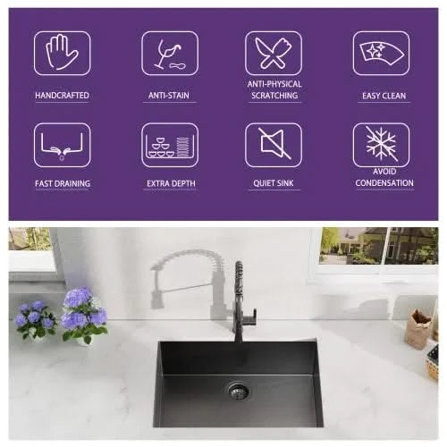 27Inch Gunmetal Black Undermount 18 Guage Stainless Steel Kitchen Sink With Black Spring Neck Faucet Default -DTYStore