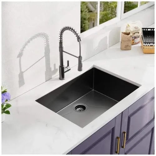27Inch Gunmetal Black Undermount 18 Guage Stainless Steel Kitchen Sink With Black Spring Neck Faucet Default -DTYStore