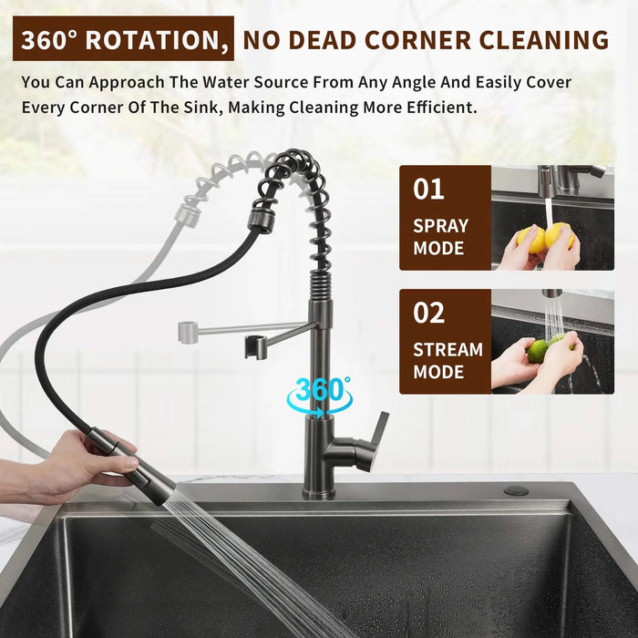 27Inch Gunmetal Black Undermount 18 Guage Stainless Steel Kitchen Sink With Black Spring Neck Faucet Default -DTYStore