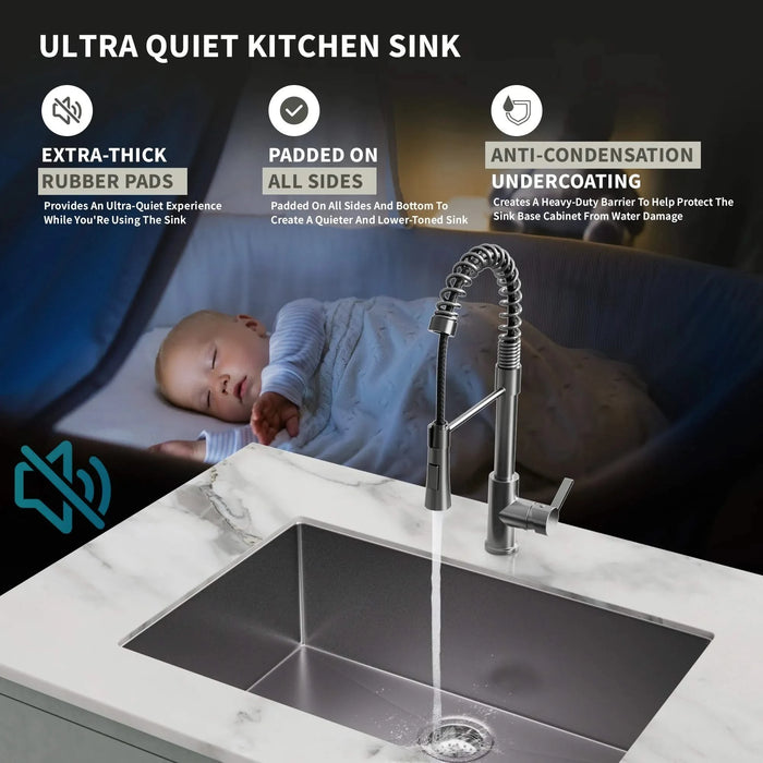 27Inch Gunmetal Black Undermount 18 Guage Stainless Steel Kitchen Sink With Black Spring Neck Faucet Default -DTYStore