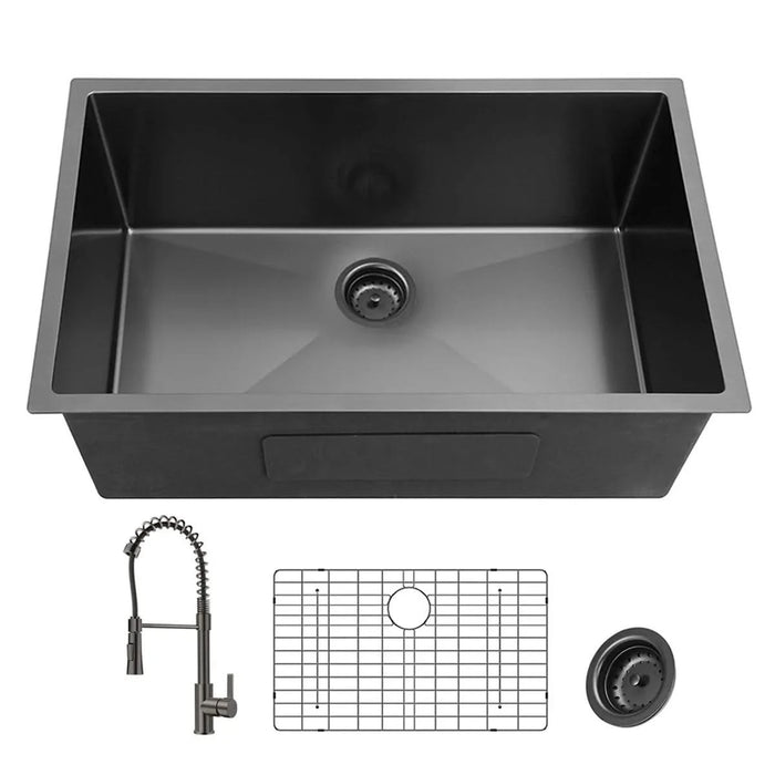 27Inch Gunmetal Black Undermount 18 Guage Stainless Steel Kitchen Sink With Black Spring Neck Faucet Default -DTYStore