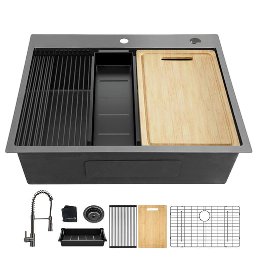 27 Inch Topmount Gunmetal Black Worksation Kitchen Sink 18 Gauge Stainless Steel Single Bowl Sink With Faucet Default -DTYStore