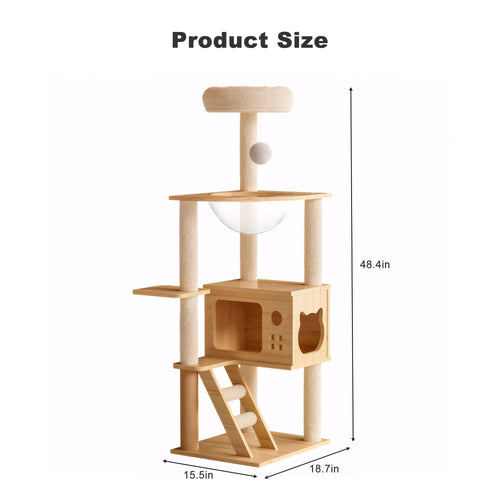 48.8' Modern Cat Tower, Wood Cat Tree Tower for Indoor Cats, Cat Tree with Sisal-Covered Scratching Posts and Top Perch, Cat Condo with Acrylic Hammock for Small Large Cats - Image 3