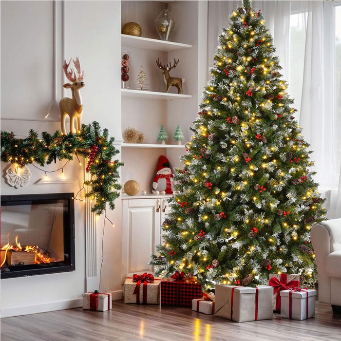 9ft Pre-Lit Pre-Decorated Pine Hinged Artificial Christmas Tree with 1740 Flocked Frosted Tips, 103 Pine Cones, 309 Red Berries,  600 Lights, Metal Base for Holiday Party Office Home