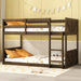 Twin over Twin Floor Bunk Bed with Panelled Headboard and Footboard, Solid Rubber Wood Foundation with Safety Guardrails, Built-in ladder,Antique Oak - DTYStore
