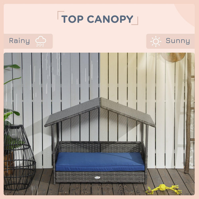 Wicker Dog House Outdoor with Canopy, Rattan Dog Bed with Water-resistant Cushion, for Small and Medium Dogs, Dark Blue - DTYStore