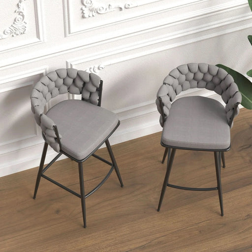 28' Bar Chair Linen Woven Bar Stool Set of 2, Grey Upholstered with Black Legs, 360 Swivel, Counter Arm Chairs with Back Footrest Default -DTYStore