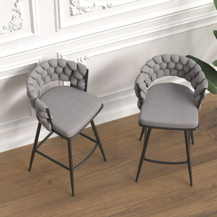 28' Bar Chair Linen Woven Bar Stool Set of 2, Grey Upholstered with Black Legs, 360 Swivel, Counter Arm Chairs with Back Footrest Default -DTYStore