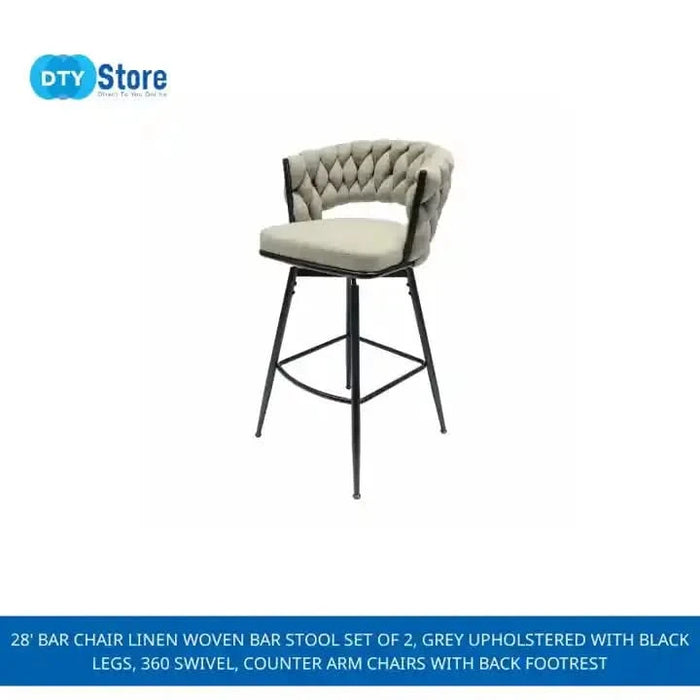 28' Bar Chair Linen Woven Bar Stool Set of 2, Grey Upholstered with Black Legs, 360 Swivel, Counter Arm Chairs with Back Footrest Default -DTYStore