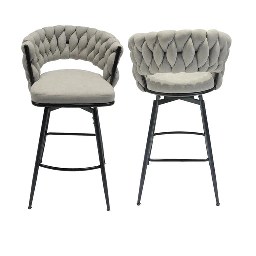 28' Bar Chair Linen Woven Bar Stool Set of 2, Grey Upholstered with Black Legs, 360 Swivel, Counter Arm Chairs with Back Footrest Default -DTYStore
