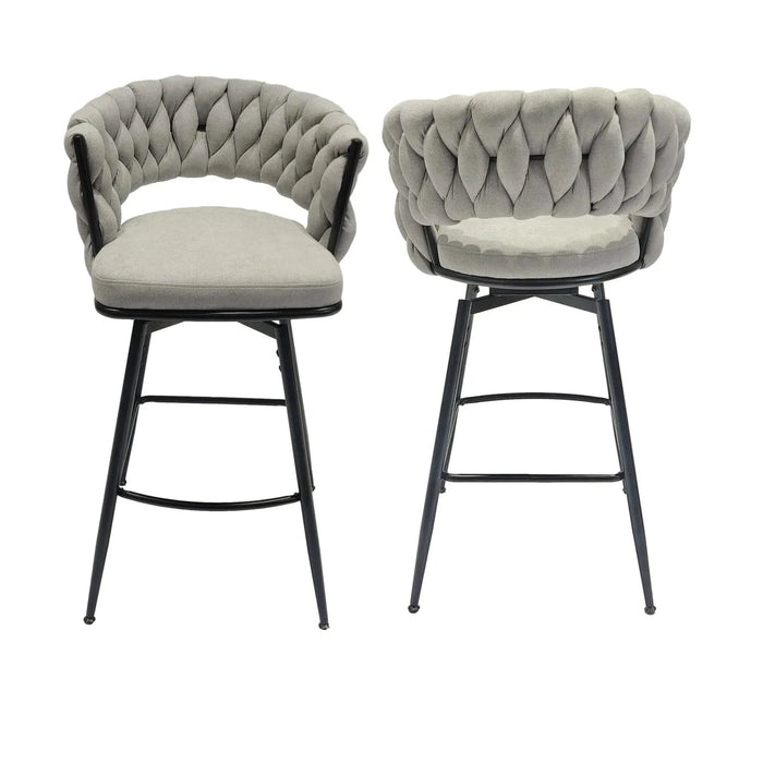 28' Bar Chair Linen Woven Bar Stool Set of 2, Grey Upholstered with Black Legs, 360 Swivel, Counter Arm Chairs with Back Footrest Default -DTYStore