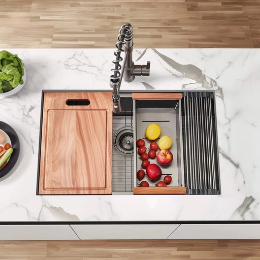 28 Gunmetal Black Undermount Workstation Kitchen Sink-28 x 18 Inch 16 Gauge Stainless Steel Undermount Kitchen Sink, Handmade R10 Radius 10 Inch Deep Undermount Single Bowl Sink with Accessories Default -DTYStore