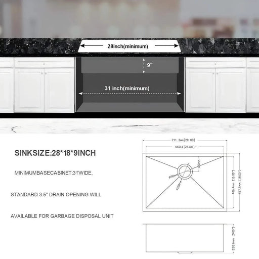 28 Inch Undermount Sink - 28' x 18' x 9' Undermount Stainless Steel Kitchen Sink 16 Gauge 9 Inch Deep Single Bowl Kitchen Sink Basin, Includes Drain Assembly (No Additional Accessories) Default -DTYStore