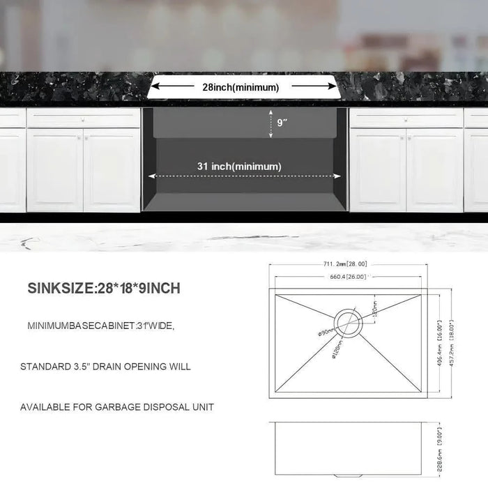 28 Inch Undermount Sink - 28' x 18' x 9' Undermount Stainless Steel Kitchen Sink 16 Gauge 9 Inch Deep Single Bowl Kitchen Sink Basin, Includes Drain Assembly (No Additional Accessories)- DTY Store