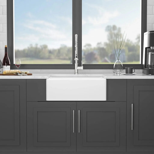 28 Inch White Farmhouse Sink Ceramic Single Bowl with Drain Assembly and Bottom Grid Default -DTYStore