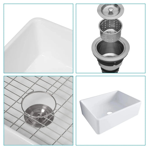 28 Inch White Farmhouse Sink Ceramic Single Bowl with Drain Assembly and Bottom Grid Default -DTYStore