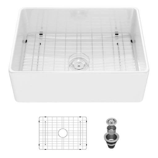 28 Inch White Farmhouse Sink Ceramic Single Bowl with Drain Assembly and Bottom Grid Default -DTYStore