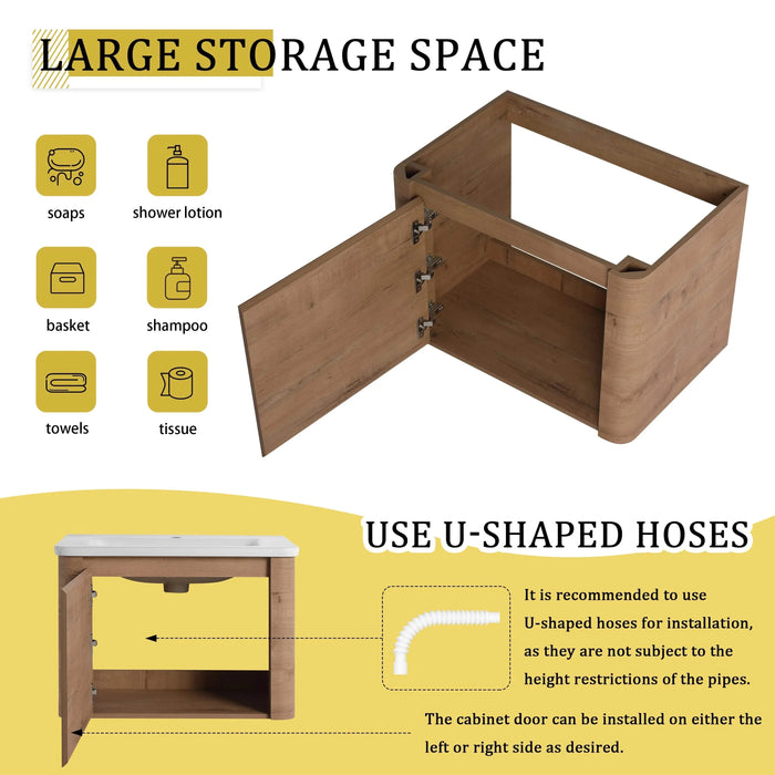 28'' Wall-Mounted Bathroom Vanity with White Ceramic Sink & 1-Soft-Close Door, KD-Packing, Plywood Default -DTYStore