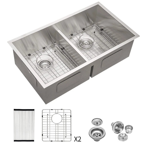 28' x 19' Modern Double Bowl Undermount Kitchen Sink 50/50 Design Brushed Nickel Stainless Steel Default -DTYStore