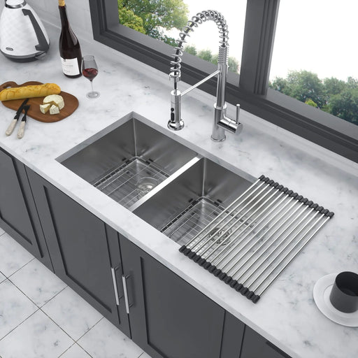 28' x 19' Modern Double Bowl Undermount Kitchen Sink 50/50 Design Brushed Nickel Stainless Steel Default -DTYStore