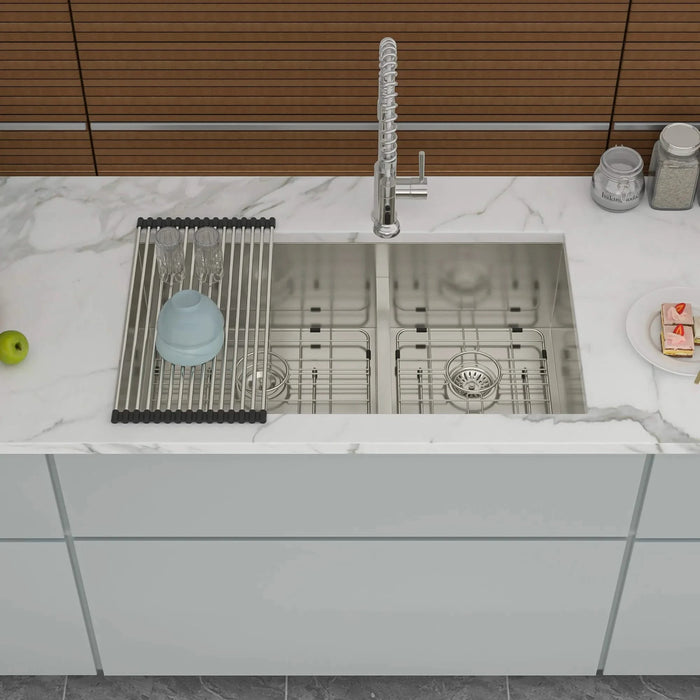 28' x 19' Modern Double Bowl Undermount Sink 60/40 Design with 10' Deep Basins in Brushed Nickel Stainless Steel Default -DTYStore