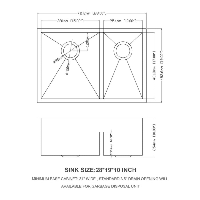 28' x 19' Modern Double Bowl Undermount Sink 60/40 Design with 10' Deep Basins in Brushed Nickel Stainless Steel Default -DTYStore