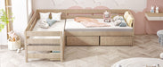 Twin Size L-shaped Platform Bed with Three Storage Drawers, Natural - DTYStore