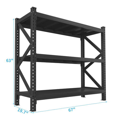 3-Tier Industrial Shelving Rack - 63in, Heavy Duty Steel Shelving Unit Adjustable, 67' W*19.7' D*63'H, Black, Requires Assembly - Image 3