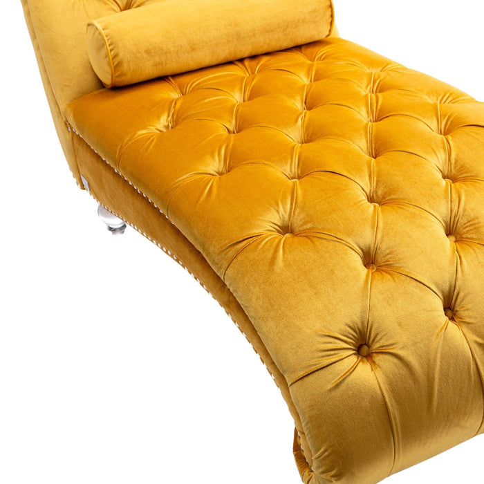 COOMORE Velvet Chaise Lounge Indoor,Button-Tufted Upholstered Chaise Lounge Chair with Pillow for Bedroom Living Room Office (Mustard Velvet) - DTYStore