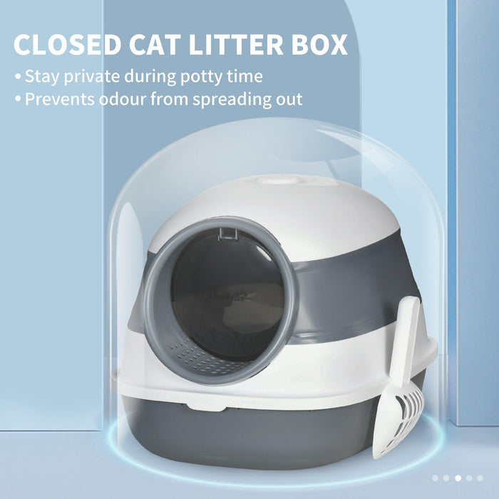 Cat Litter Box with Lid, Covered Litter Box w/ High Sides, Air Freshener, Large Two-Way Entrance Kitty Litter Box, Foldable, Easy Clean, White, and Gray